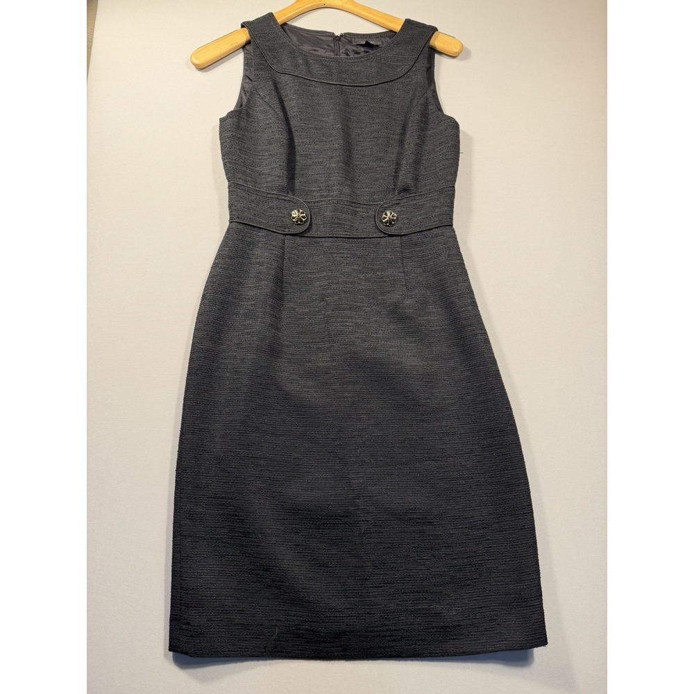 Tahari Black Tweed Sheath Dress Size 2 Sleeveless Button Waist Business Classic